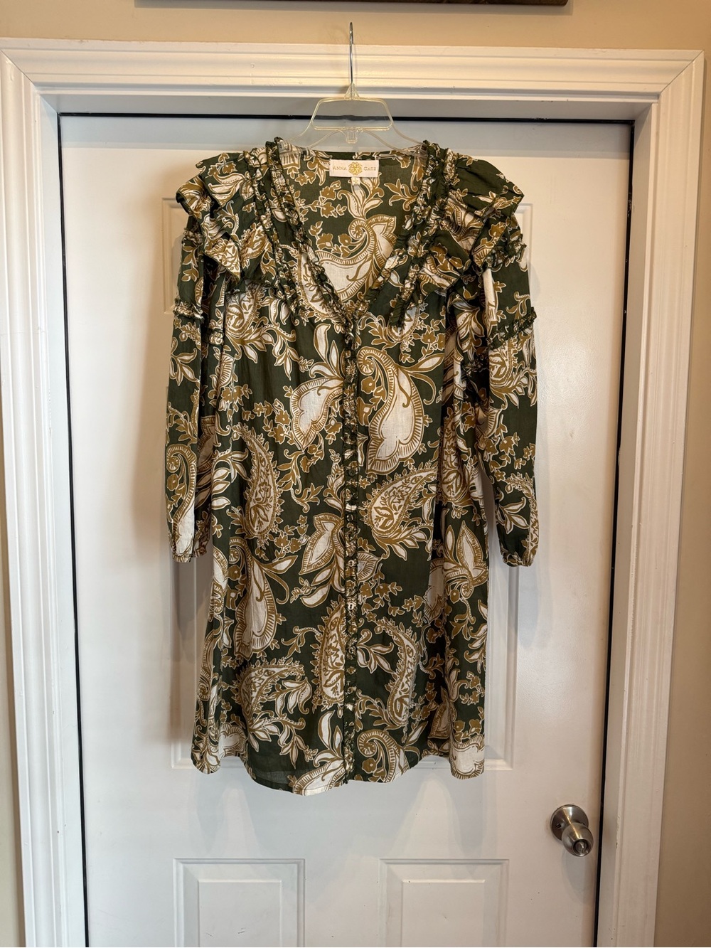 ANNA CATE Green Paisley Cotton V-Neck Long Sleeve Button Ruffle Dress L